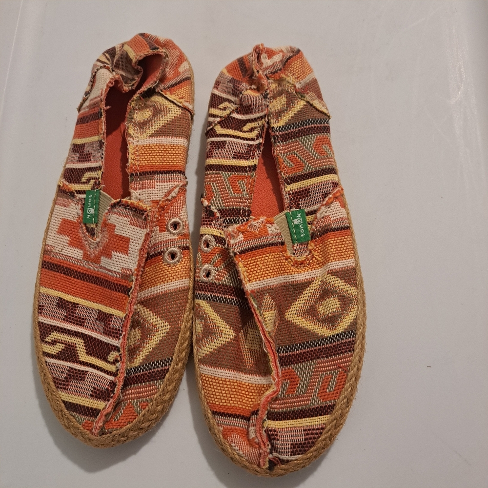 Sanuk Boho Woven Espadrille Flats Orange Tribal Print Sz 6 EU 37